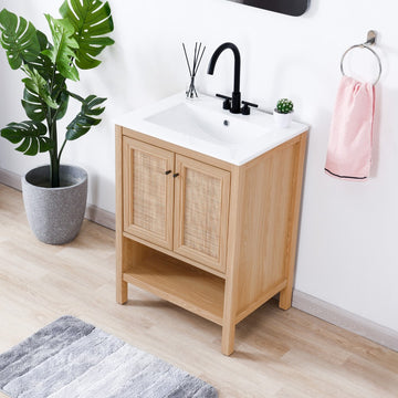 Jasper Rattan Modern Coastal 2-Shelf Bath Vanity Cabinet Only (Sink Basin Not Included) - JONATHAN Y